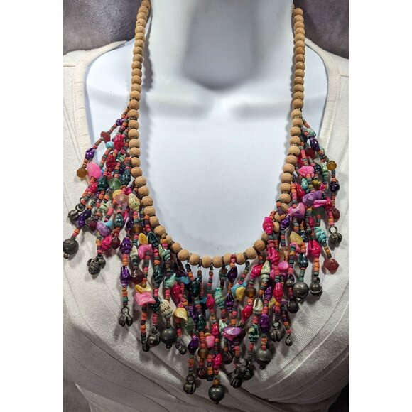 Vintage Mermaidcore Rainbow Artisan Crafted Wood And Shell Fringe Necklace - Picture 4 of 6